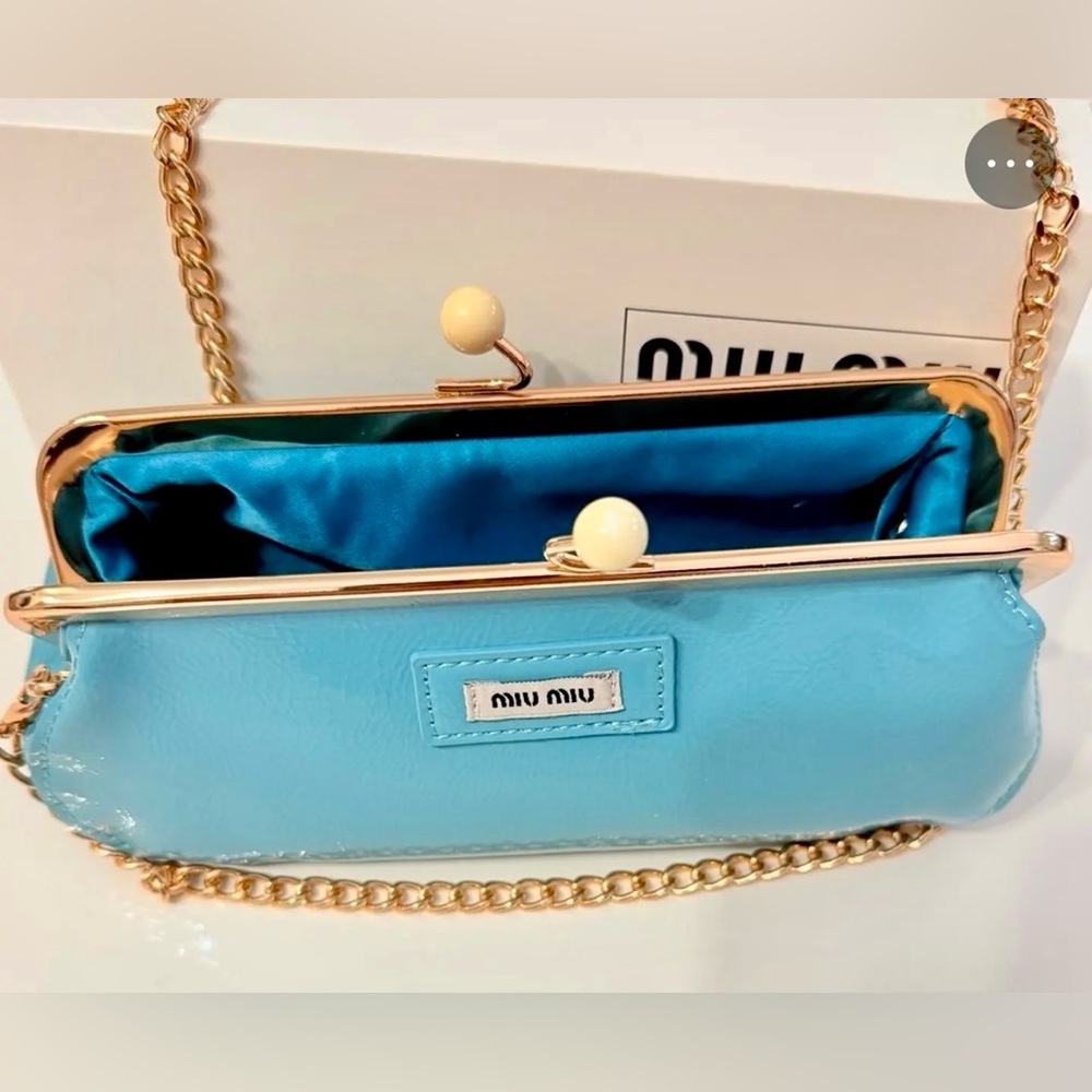 Miu Miu Sky Blue or Turquoise Patent Faux Leather Clutch with Gold Chain GWP NWB - Picture 12 of 15